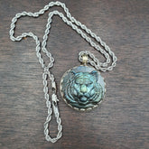 BIG MEN'S VINTAGE Natural Blue Fire Carving Labradorite Lion Face Necklace